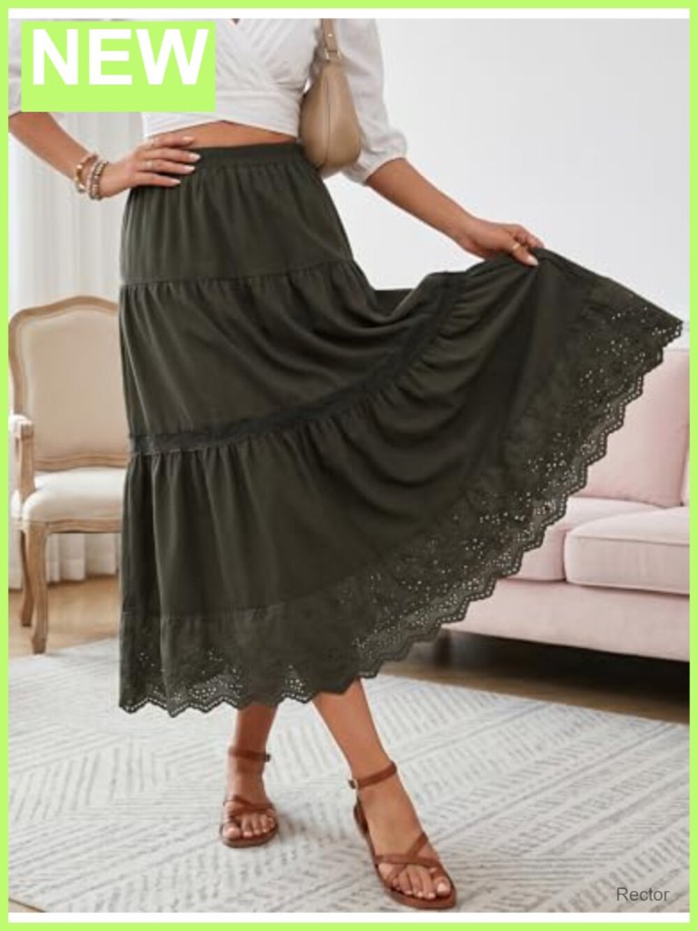 Boho Tiered Maxi Skirt Elastic High Waist A-Line Lace Eyelet Long Summer - Picture 5 of 6